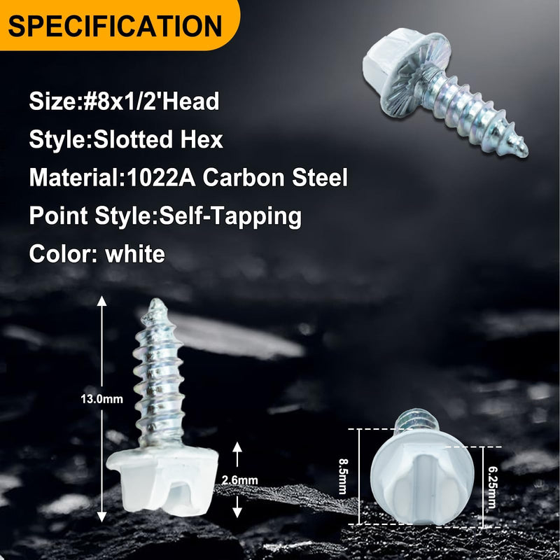 Self-Tapping Gutter Screws White Painted Slotted Hex Washer Head #8 x 1/2" Zinc Plated Finish, Includes 1/4" Magnetic Hex Driver – for Gutter Install - 100 Pieces 22A（100PCS） - NewNest Australia