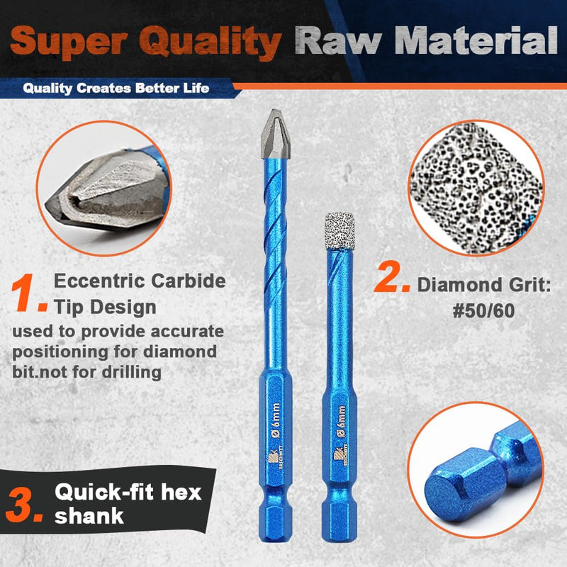 Diamond Drill Bit 1/4"*8 - Carbide Tipped Drill bit 1/4"*2 Masonry Drill Bit for Porcelain Ceramic Tiles Glass Plastic Granite 1/4"*8+1/4"*2 10