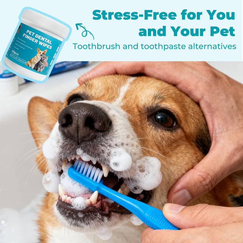 Pet Teeth Cleaning Finger Wipes for Cats and Dogs, Unscented Tartar Control with Tea Polyphenol, Fresh Breath, 50 Count Dental Finger Wipes - 50Counts