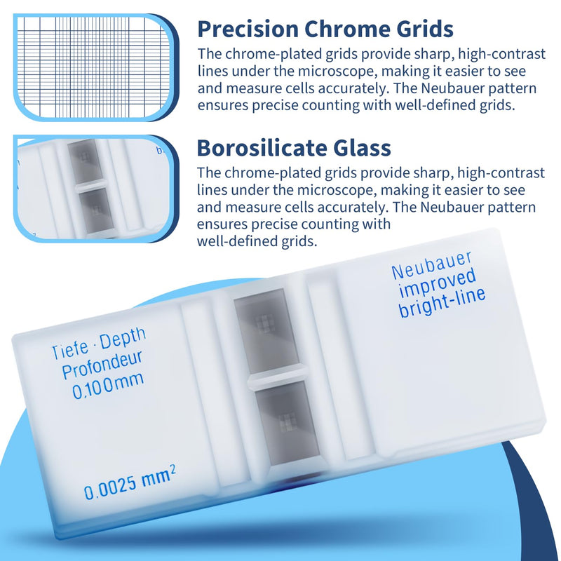 Cell Counting Chamber, Improved Neubauer Hemocytometer - Chrome-Plated Counting Grid with 0.1mm Depth, 2 Reusable Cover Glasses for Cell/Pollen Counting (Lab & Medical Use, 32x75mm)