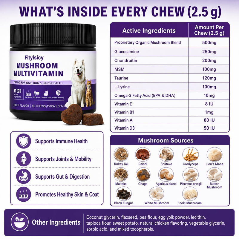 Mushroom Supplement for Dogs & Cats, 11-in-1 Pet Multivitamin Soft Chews, 13 Organic Mushrooms with Glucosamine, Chondroitin, MSM & Omega-3, Immune, Gut, Joint, Skin & Coat Support, Beef, 60 Count