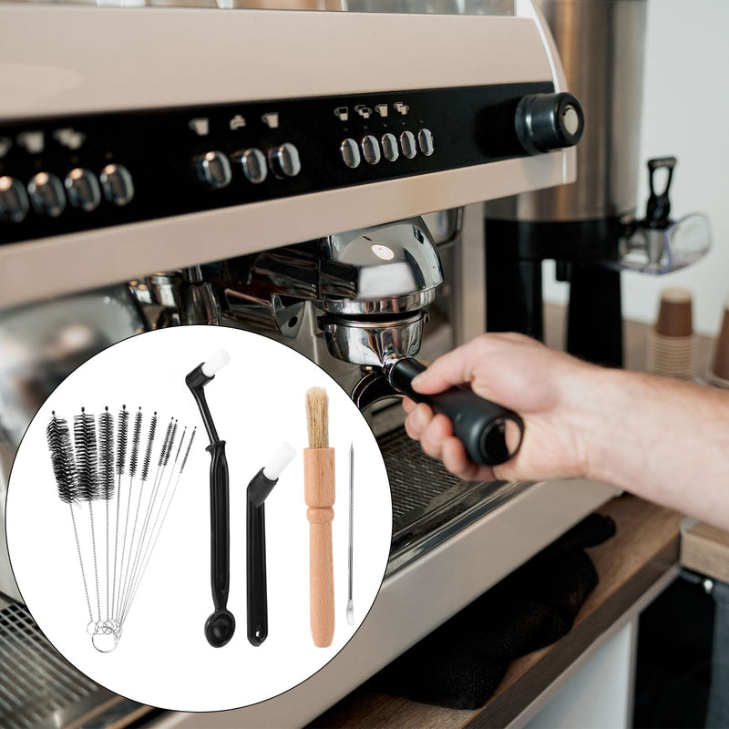 14pcs Coffee Machine Cleaning Brush Set, Wood & Plastic Espresso Grinder Maker Cleaner Kit Multifunctional Brushes for Portafilter Burrs Mugs Bottles Home & Commercial Use