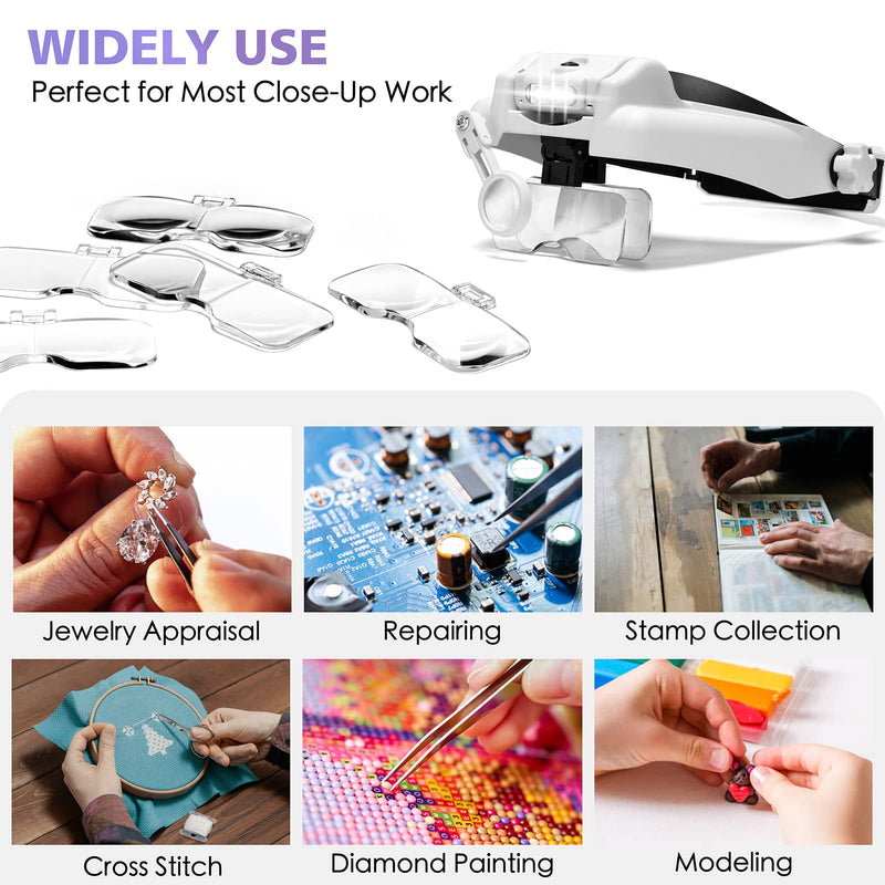 Magnifying Glass with Light - 1X to 14X Magnifying Glasses for Close Work, Adjustable Jewelers Loupe Headset with 1x, 1.5X, 2X, 2.5X, 3.5X Lens for Hobby, Jewelry, Crafts White