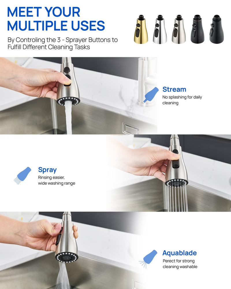 J-HVA Pull Down Kitchen Faucet Sprayer Head Replacement Part with 15 Adapters, 3 Function Pull Out Sink Sprayer Replacement Nozzle, Kitchen Faucet Head Hose Spray Tap Spout, Brushed Nickel