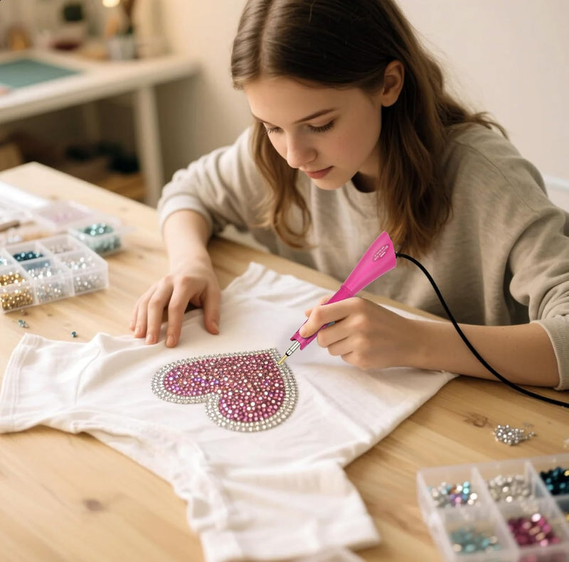 Hotfix Rhinestones Applicator Kit with 4500 Crystals (White, AB, Multi-Color) Includes 19 Pattern Templates, Tweezers, Brush & Storage Bag for Clothes, Fabric, Jeans (Pink)