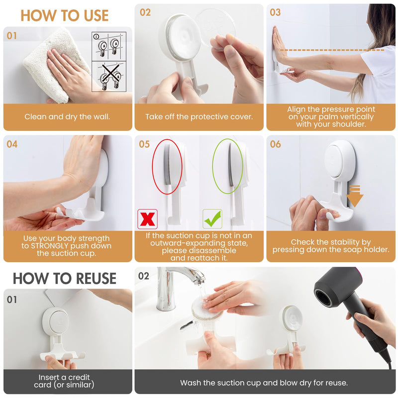 LEVERLOC Razor Holder for Shower 2 Pack, Powerful Suction Cup Shower Hooks for Towel, Loofah, Razor, Squeegee, Damage-Free Wall Hooks, Shaver Holder for Bathroom, Easy to Install and Reuse, White White, Round