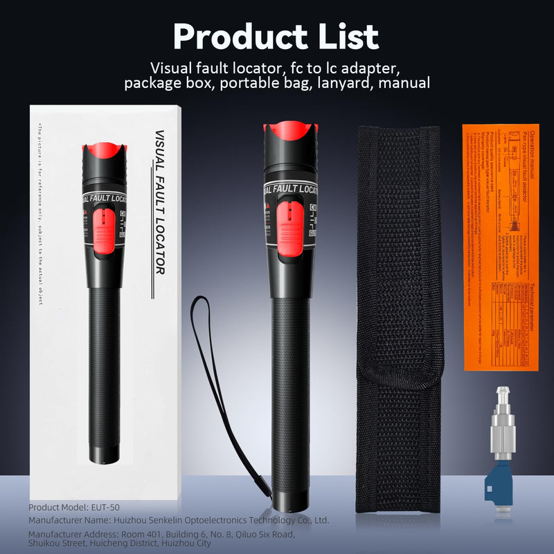 Visual Fault Locator 50KM - VFL Fiber Optic Tester Kit with FC/LC/SC/ST Compatibility - Single Mode 9/125μm for Data Centers & FTTH Network 50 VFL + FC/LC Connector