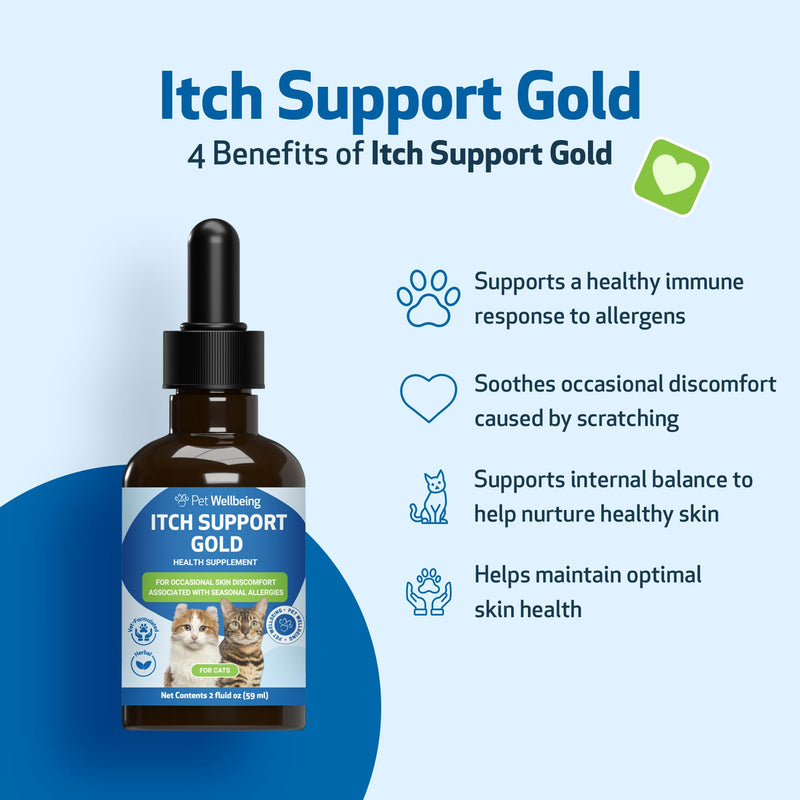 Pet Wellbeing Itch Support Gold for Cats - Occasional Itching, Scratching, and Hot Spots, Environmental and Seasonal Allergies, Dong Quai - Veterinarian-Formulated Herbal Supplement 2 oz (59 ml) 2 fl oz (59 ml)