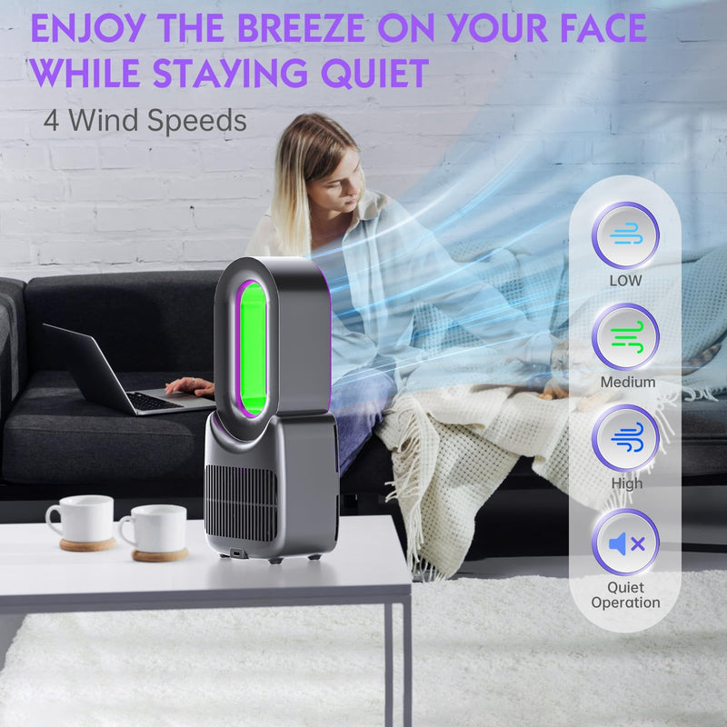 Misby Rechargeable Desk Fan, 5-color LED Light Bladeless Table Fan of 11.8 Inch, Purple Desk Fans Small Quiet for Bedroom, Home, Office Grey/Purple