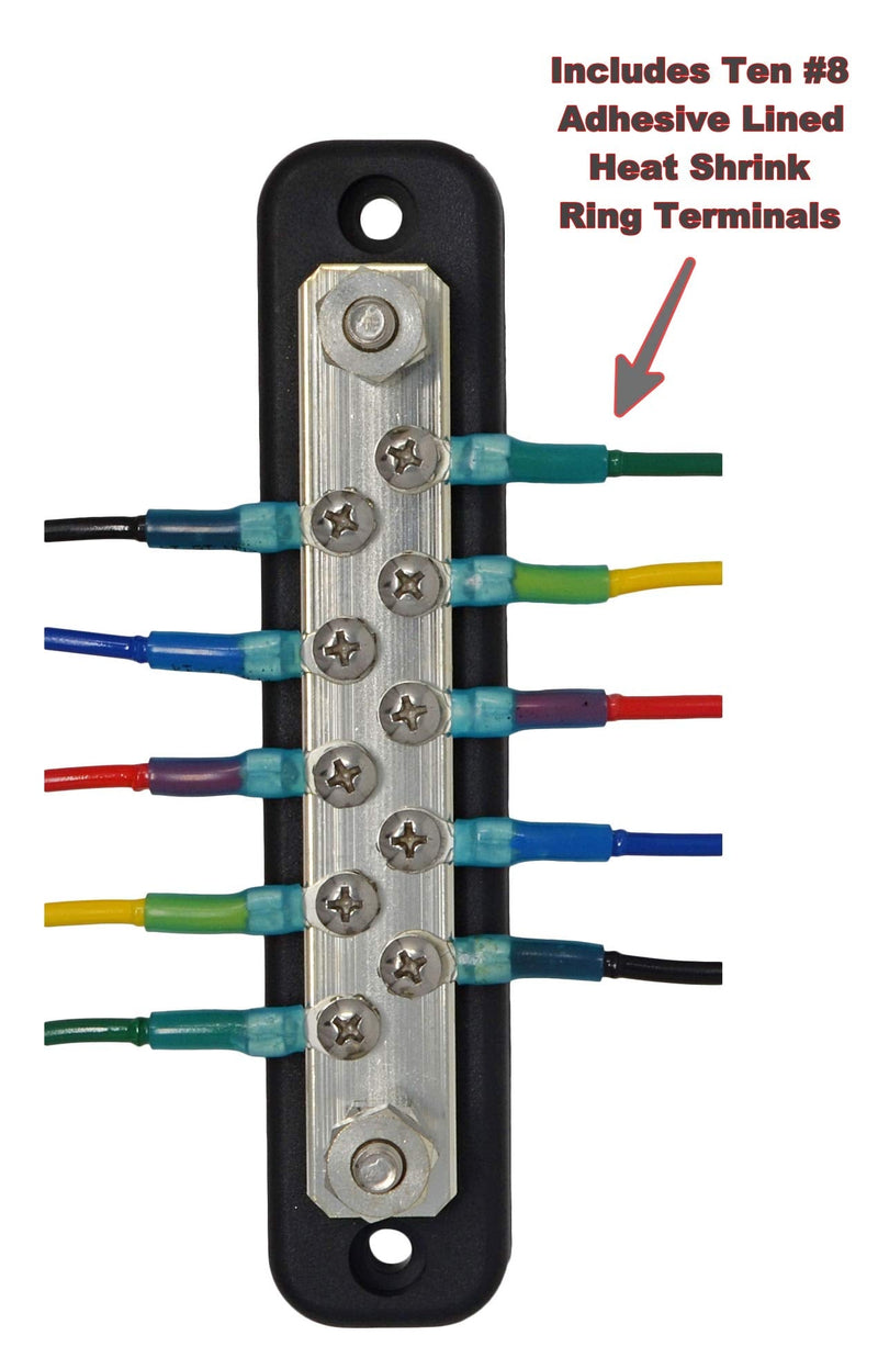 10 Terminal Bus Bar Kit for Power and Ground Distribution - Heat Shrink Ring Terminals and Cover Included 10 Terminal W/Cover Black