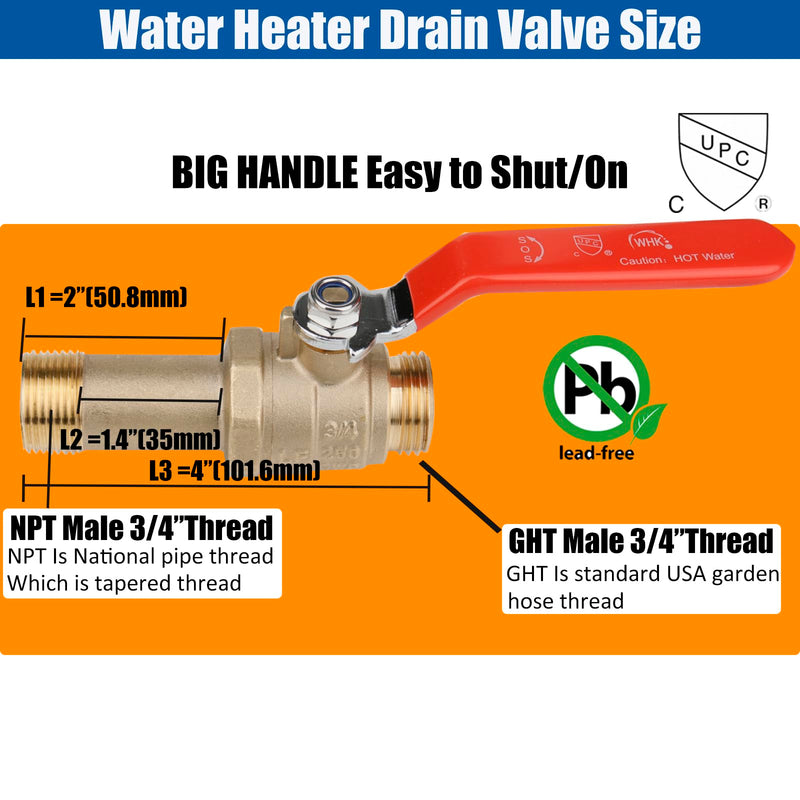 WHK Water Heater Drain Valve 3/4"MIP X 3/4" Male GHT Connection to drain or Flush Hot Water Heater Faster and Easy Big Full Port (Lead-Free Brass,2 Inch Shank with Long Handle,Straight) 2 inch shank 2 Inch shank Straight-Water heater drain valve