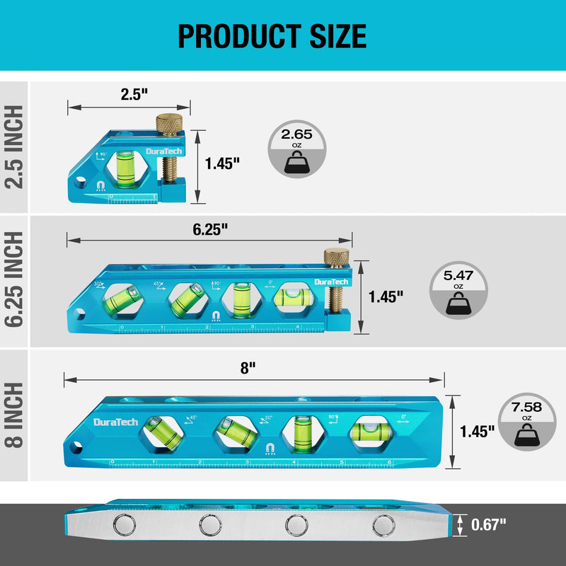DURATECH 3-Piece Level Tool Set, Magnetic Torpedo Level Included 2.5", 6.25", 8" Level with 0°/30°/45°/90° Bubbles, V-Groove, Large Viewing Window, Aluminium Alloy Construction, SAE and Metric Scale