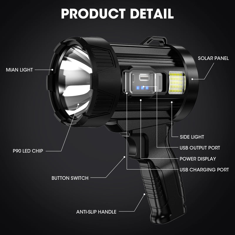 Rechargeable Spotlight, 99,000 Lumens Super Bright Handheld Led Flashlight, Outdoor Spot Light with Cob Light and Solar Panelsfor Boating Camping