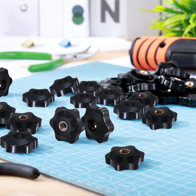 Zhengmy 30 Pcs 1/4-20 Knob 1/4 Inch 20 Female Threaded Knob Black Plastic Hexagon Head Thru Knobs 6 Star Knobs Nuts Clamping Knobs Jig Knobs