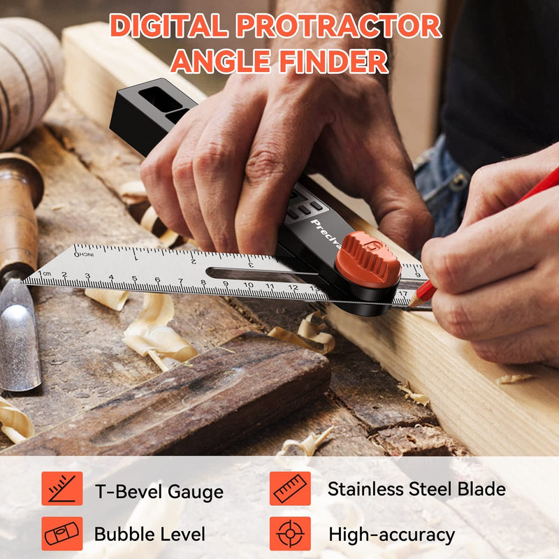 Preciva T-Bevel Gauge & Protractor with Horizontal and Vertical Bubble,0-338° Digital Angle Finder Protractor 230mm/8inch Display for Carpentry Woodworking, Metalworking, Construction Alloy Steel