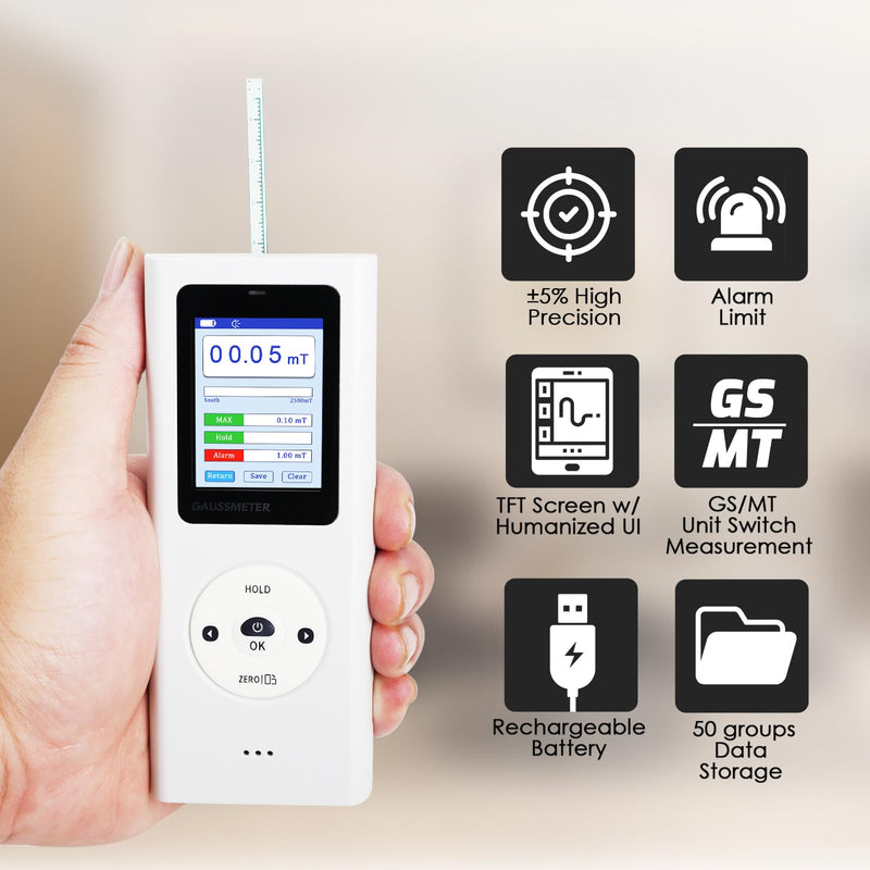 Gauss Meter Rechargeable Tesla Meter 25000Gs/2500 mT Range N/S Pole Detection, Portable Magnetometer Magnetic Field Strength Tester with Data Logging & Alarm ±5% Accuracy for Factory QC and Workshops