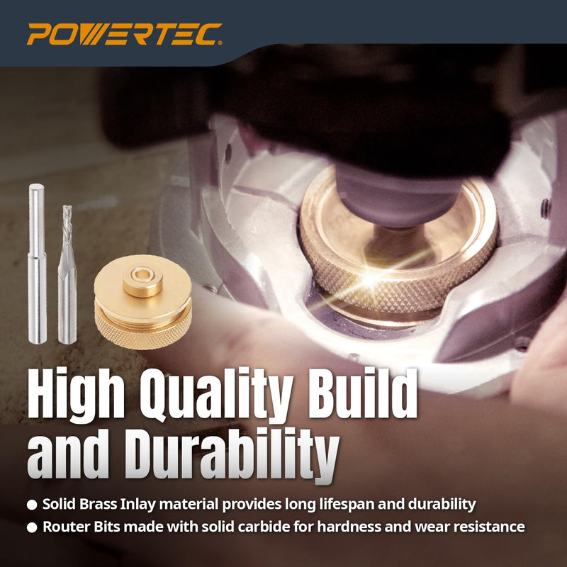 POWERTEC 72166 Solid Brass Inlay and Carbide Router Bit Set, 1/4" & 1/8" Downcut Spiral Router Bits, 1/4" Shank with Router Bushing, Collar & Alignment Pin for Wood PVC MDF Hardwood 1/4" Shank, 1/4" & 1/8" Downcut Bit Spiral & Bushing