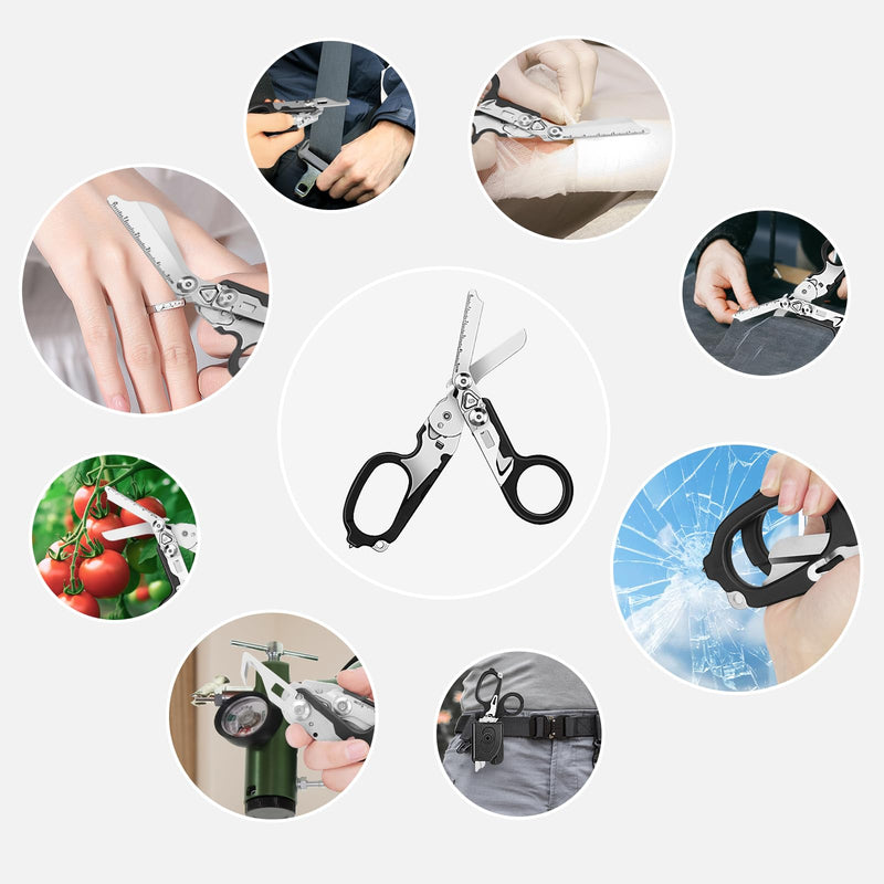 6 In 1 Multi-function Trauma Shears Foldable with Compatible Holster and Penlights,Emergency Rescue Shears with Strap Cutter and Glass Breaker for Outdoor Medical Scissors Tools Black
