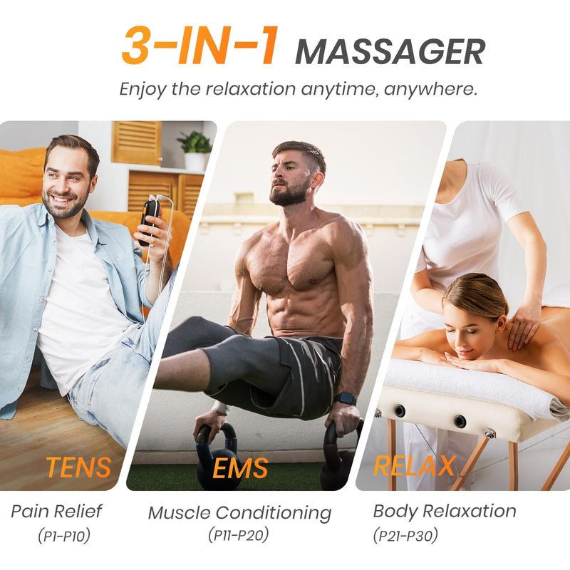 3-in-1 TENS Unit Muscle Stimulator with 30 Modes, 40 Intensities TENS Machine for Gradual Back Pain Relief Therapy, Rechargeable EMS Unit Massager with 12 TENS Electrode Pads, a Storage Bag Black