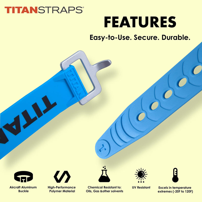 Titan Utility Straps – Easy-to-Use, Reliable Tension Straps for Securing Bike & Moto Gear, Skis, Garden Hoses, Field Repairs – Use in Frigid Temp – 60 lb.Working Load, 14" Length, Ocean Blue, 4-Pack 14" Length / 4 Pack