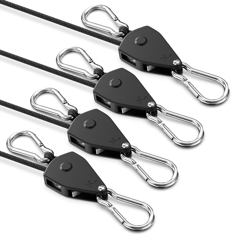 VIPARSPECTRA Retractable Heavy Duty Ratchet Tie Down Straps [4 Pack, 8ft, 75lbs/Pack], Rope Pulley System with Carabiner Hook for Hanging Plants/Grow Light/Tents Various Tie-Down Uses 1/8" 4-Pack