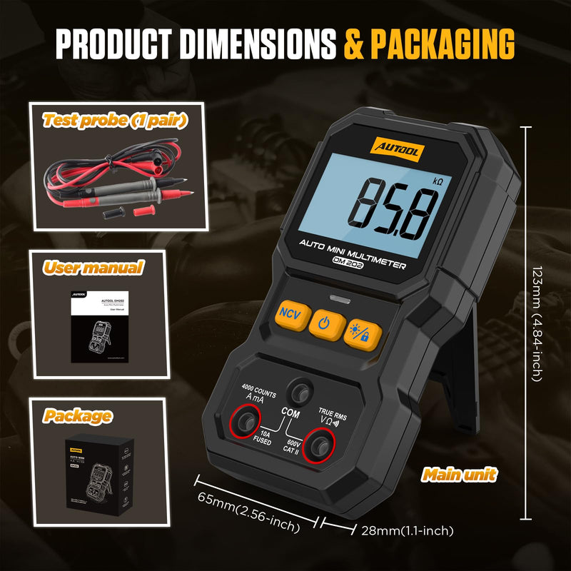AUTOOL DM202 Mini Digital Multimeter, Auto-Ranging 4000 Counts True RMS NCV Non-Contact Voltage Tester, 600V AC/DC Voltmeter with Backlight, Automotive Electrical Diagnostic Tool