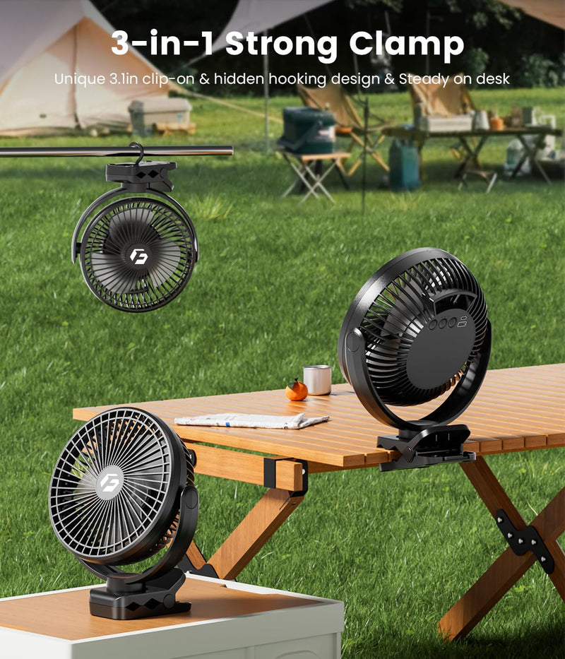 8-inch Clip-on Fan - 12000mAh Portable Rechargeable Battery With 3 Speeds and Strong Airflow, USB Small Desk Personal Quiet for Office, Stroller, Bedroom and Camping Black-12000mah