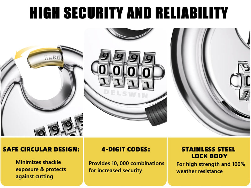 DELSWIN 4 Digit Combination Lock Disc Padlock with Hardened Steel Shackle Outdoor Combo Lock for Outdoor Gate Sheds,Storage Unit,Garage,Fence,Gym Locker(2 Pcs) Silver