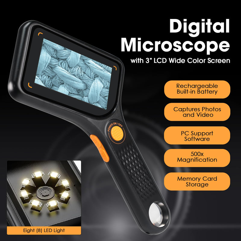 Digital Microscope Handheld 500X with 3.0" IPS Screen, Autofocus, 8GB TF Card, Portable USB Microscope Coin Magnifier with 8 LED Lights for Photo and Video, Windows/MacOS Recording & Transmission