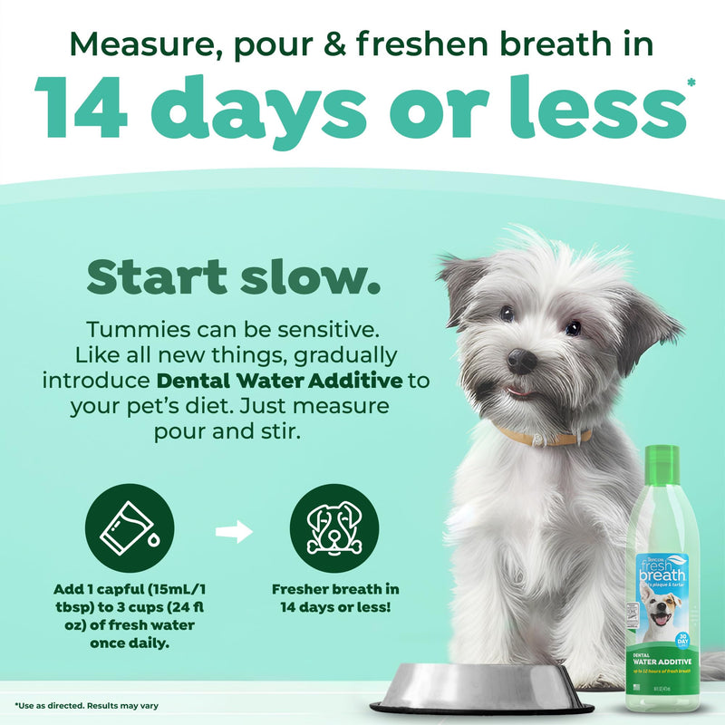 TropiClean Fresh Breath Water Additive for Dogs | Dog Breath Freshener & Teeth Cleaning Solution | No Toothpaste or Toothbrush Required | 8 oz Dog Water Additive 8 Ounce (Pack of 1)