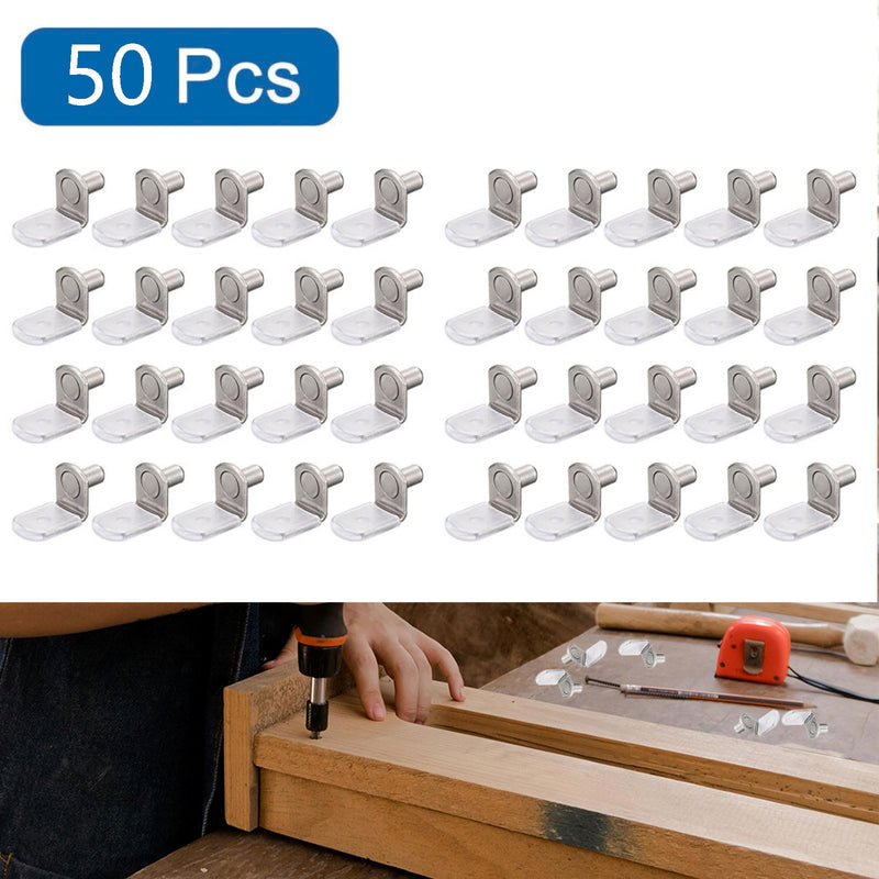 50 Pcs Shelf Support Pegs, 1/4 Inch (6.35mm) Metal Shelf Pins for Wood Shelves Adjustable Shelf Brackets L-Shaped Clips with Silicone Sleeve for Kitchen Bookcase Cabinet Furniture Support Clear