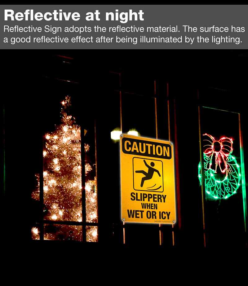 Slippery When Wet Or ICY Sign, Caution Sign, 4 Pack, 10" x 7" Rust Free .040 Aluminum, UV Protected, Waterproof, Weatherproof and Fade Resistant, 4 Pre-drilled Holes YELLOW - 4 Pack