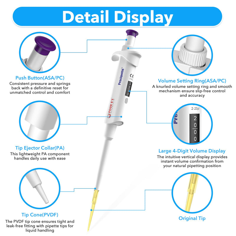 FOUR E'S SCIENTIFIC 2-20μL Pipette, Professional Single-Channel Pipettor Lightweight High Accurate Adjustable Variable Volume Micro Pipette with Calibration Certificate (Model LH0301003) 03 (2-20μL)