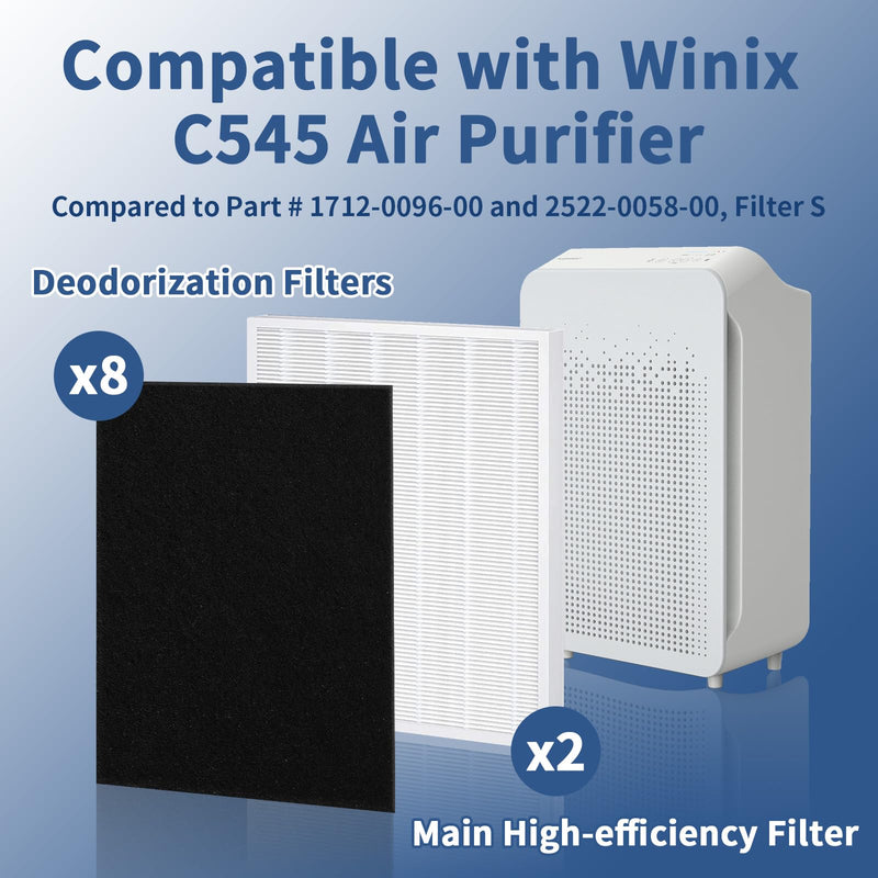 C545 Replacement Filter S Compatible with Winix C545 Air Purifier Replacement for Winix S Filter 1712-0096-00 and 2522-0058-00, Funmit 2 x High-efficiency Filter And 8 x Activated Carbon Filter 10 Piece Set