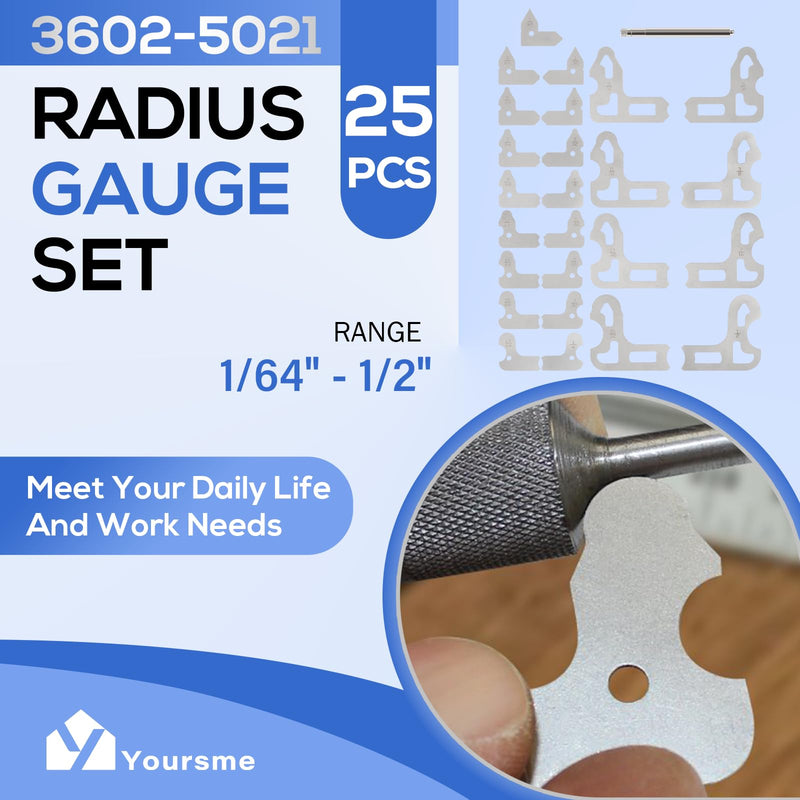25 PCS Radius Gauge Set 1/64" - 1/2" with Holder, Come with Stainless Steel Radius Measuring Tool, 3602-5021 Radius Gauge Set
