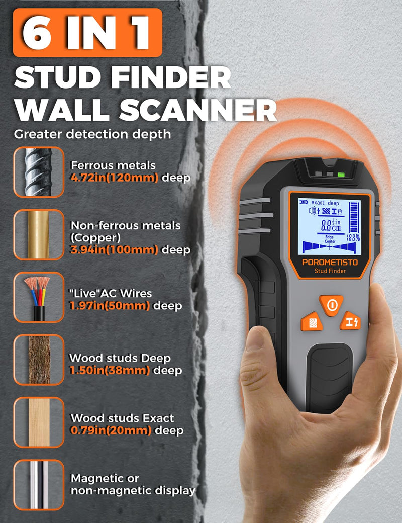 6-in-1 Stud Finder Wall Scanner, POROMETISTO DSF01 Wall Stud Finder with Electric Wire Finder, Deep Scan Stud Sensor for drywall, Wood, Plaster Walls, Metal, AC Wire, Magnetic, Joists, Pipes