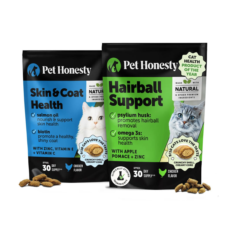 Cat Skin & Coat Health & Hairball Support Virtual Bundle: Omegas & Biotin Chews for Shiny Coat & Furball Remedy (Chicken 30-Day Supply)