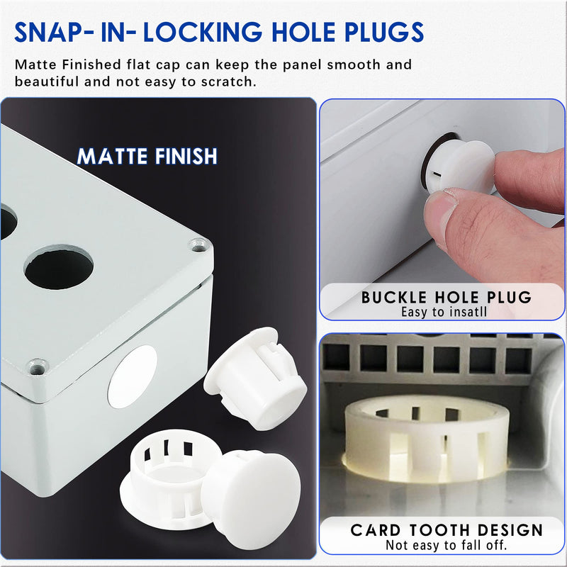 300 PCS 5 Sizes Plastic Hole Plugs White 3/16, 1/4, 5/16, 3/8, 1/2 Inch Round Hole, Snap in Knockout Locking Flush Type Furniture Hardware Kitchen Cabinet Cupboard Shelves Screw Covers Caps 5 Sizes, White((3/16“-1/2”, 300 PCS)
