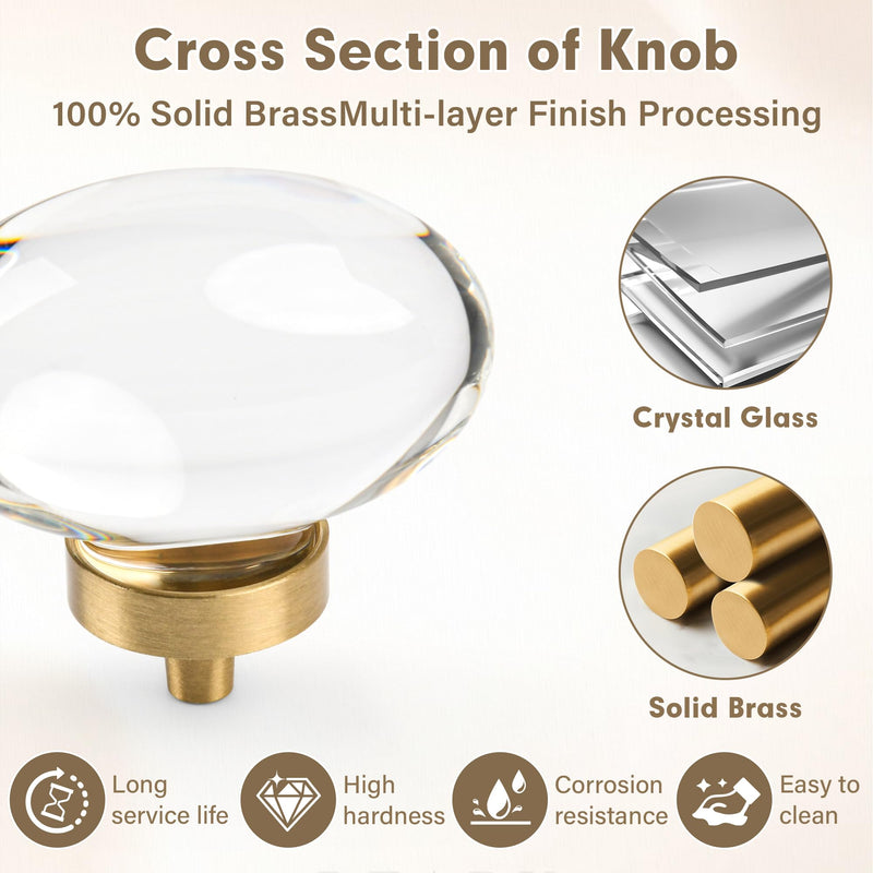 Jovenille-Solid Brass Crystal Glass Kitchen Cabinet Knobs 5 Pack, Oval Shape Glass Brushed Gold Drawer Dresser Knobs,Decorative Cupboard Wardrobe Pulls, Modern Cabinet Hardware for Bathroom