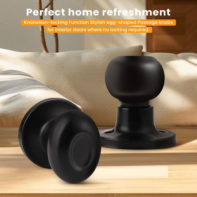Gobrico 3 Pack Black Passage Door Knobs Egg Oval Door Knobs for Hall and Closet Black Interior Door Handles Keyless Door Locks Passage Function Passage (Without Locking)