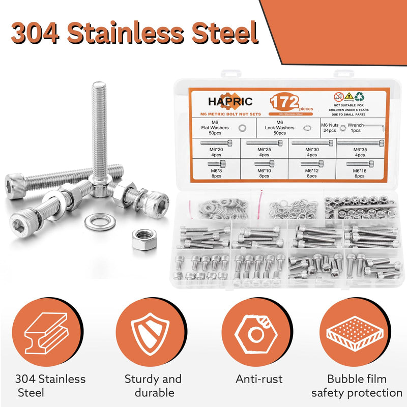 172 Pcs M6 Screws Assortment Kit, M6x 8/10/12/16/20/25/30/35mm M6 Bolts Kit, 304 Stainless Steel Hex Socket Head Screws Nuts Bolts and Washers Set F M6x8mm-35mm 172Pcs