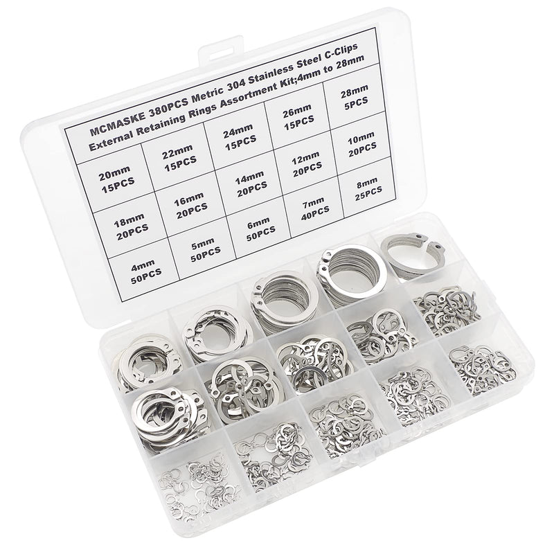 380PCS Metric 4mm-28mm 304 Stainless Steel C-Clips External Retaining Rings Assortment Kit