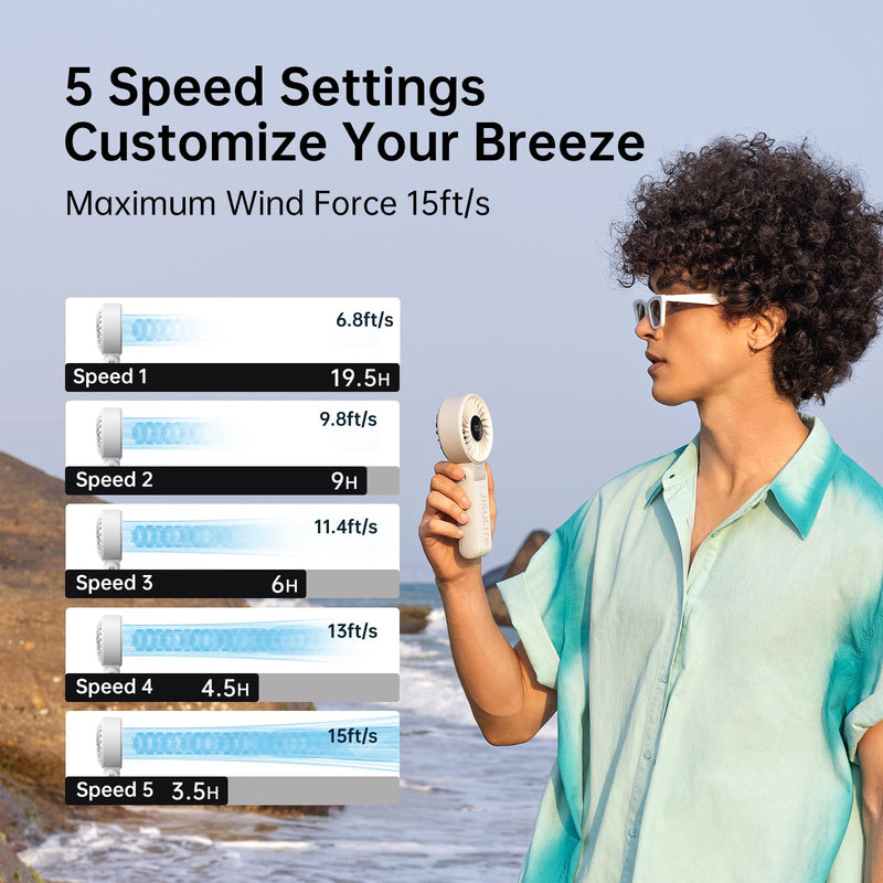 JISULIFE Handheld Fan Life7 – Ultimate Flexibility: High-Power Motor, LED Display, 19.5 Hrs Cooling, 5000mAh Rechargeable, 5-Speed, Foldable Design, 3-IN-1 Portable Fan for Travel Cruise Beach(Grey) Grey