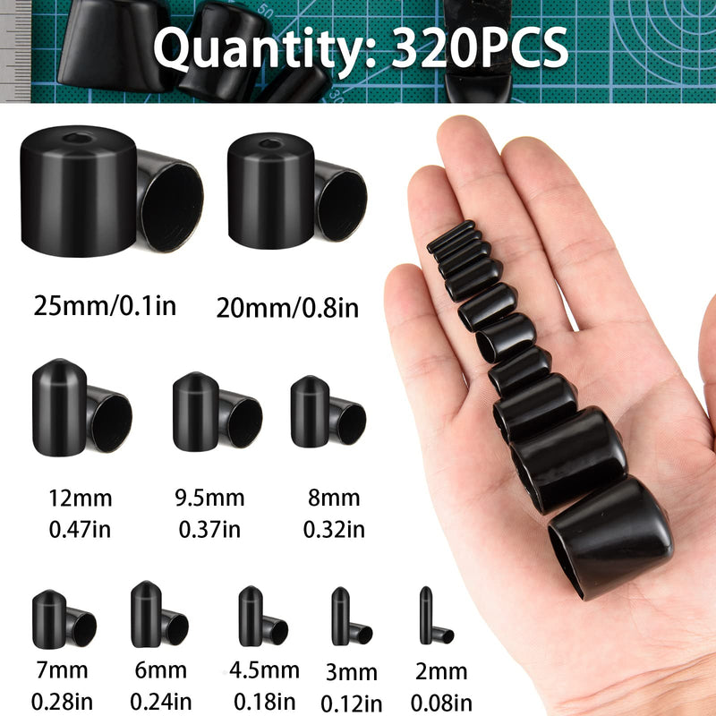 320 Pieces Rubber End Caps Black Round Vinyl End Caps Bolt Screw Covers Caps Rubber Thread Protector Caps Cover in 10 Sizes from 0.08 to 1 Inch Black Caps