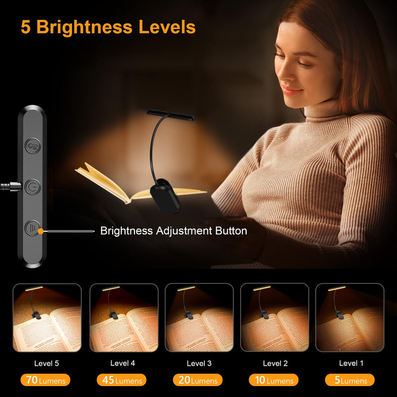 Gritin Rechargeable Book Light for Reading in Bed with 19 LED &Memory Function-Eye Caring 3 Color Temperatures,5 Brightness Levels,80 Hrs Runtime Flexible Goose Neck Clip on Light for Book Lovers Black