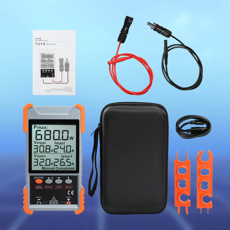 Rechargeable Solar Panel Tester MPPT Meter Solar Power Tester, 2000W 90V/40A PV Panel Monitor, Auto/Manual Test, LCD Screen, TPR Anti-Drop, Overvoltage/Overcurrent/Reverse/Temp Protection