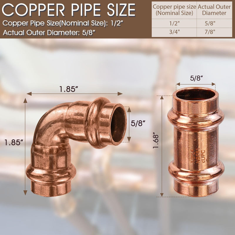 Copper Press Fittings 1/2inch Kit,6pk Copper Coupling&6pk 90 Elbow&3pk Tee 1/2"Press Coupling+1/2" 90° Elbow+1/2" Tee Copper 15