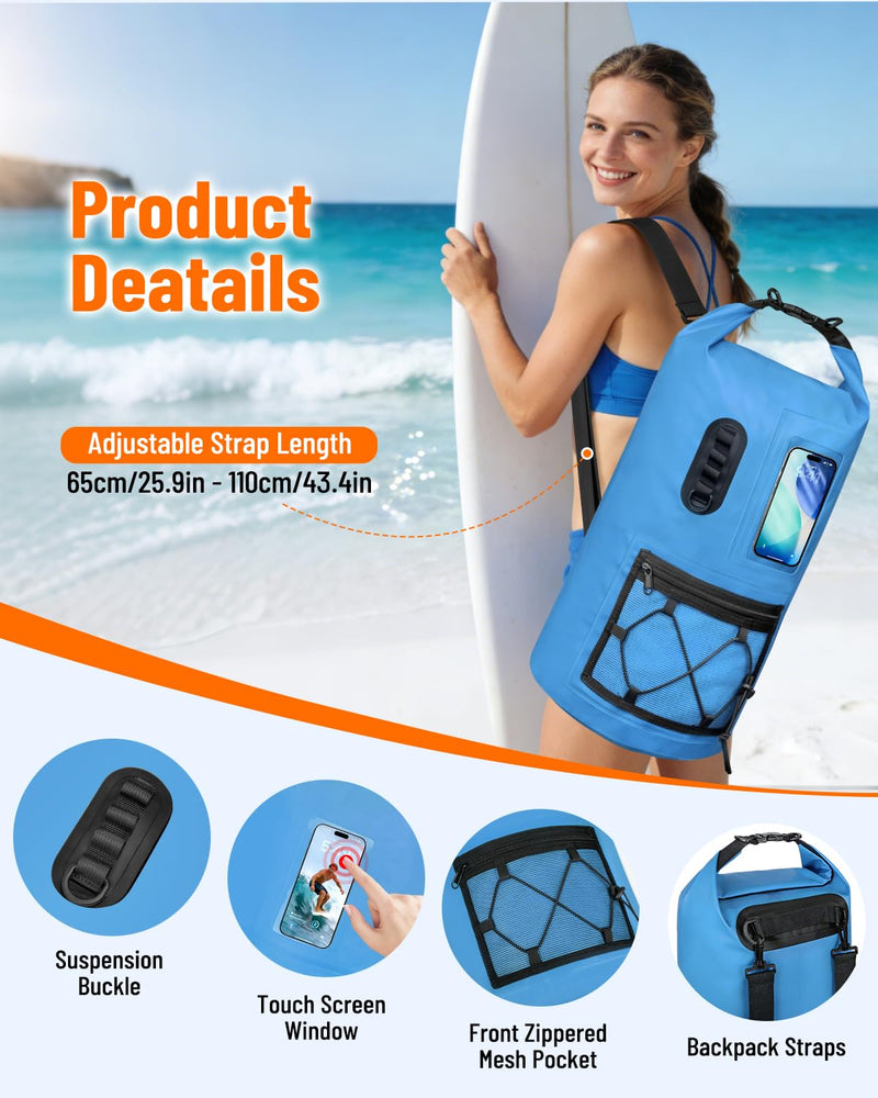 Waterproof Dry Bag, 20L/30L Roll Top Waterproof Backpack with Waterproof Phone Case, Heavy Duty Storage Bag for Women Men, for Travel, Kayaking, Boating, Rafting, Camping, Hiking & Beach Blue