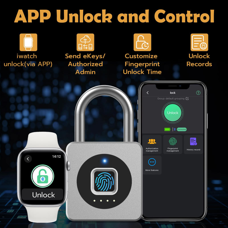 Pothunder Fingerprint Padlock, Fingerprint Lock with APP, Padlock with Keyless Biometric, Smart Padlock Waterproof Suitable for Gym, Locker, Gates, Fence and Storage Silver