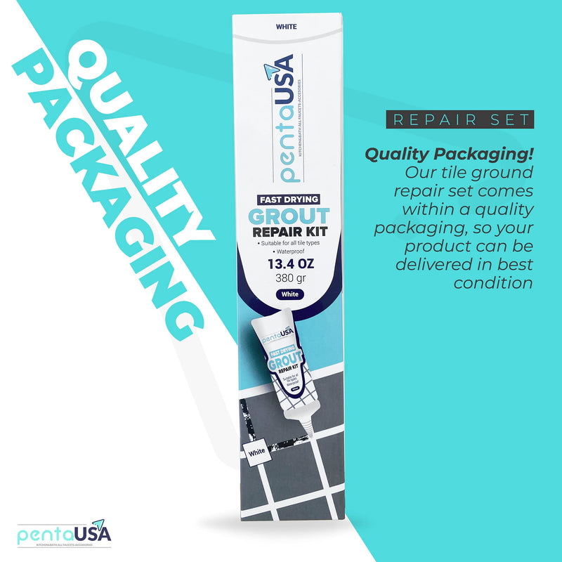 PentaUSA Tile Grout - Large Grout Filler Repairs Renews Tube, Fast Drying Grout Repair Kit, Odorless Formula - Grout Floater Included - 13.4oz / 380gr (White) White